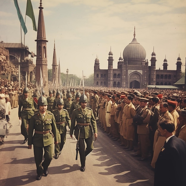 um grupo de soldados está caminhando por uma rua na frente de uma mesquita com uma cúpula ao fundo