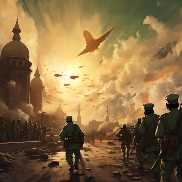 Um grupo de soldados está de pé em frente a uma mesquita com um avião voando acima deles