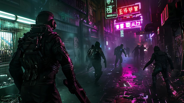 Um grupo de soldados fortemente armados em trajes de proteção caminha por uma rua escura e iluminada por néon em uma missão para conter um surto de vírus