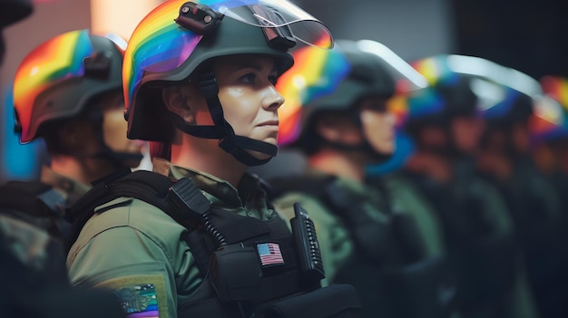 Um grupo de soldados vestindo uniformes coloridos do arco-íris está alinhado com a palavra exército na frente.