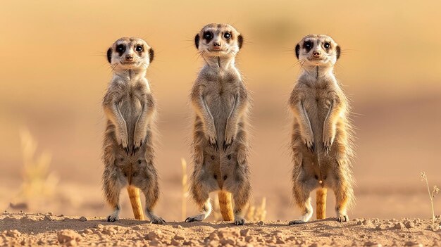 Foto um grupo de suricatas de pé num deserto