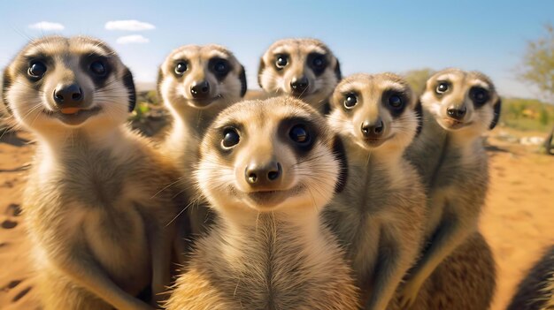 Um grupo de suricatos está olhando para a câmera