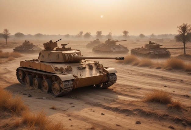 Foto um grupo de tanques estão no deserto com um que diz tanque