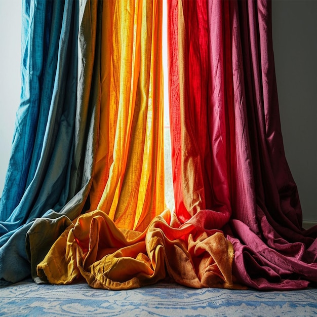 Um grupo de tecidos de diferentes cores pendurados em uma parede criados com tecnologia de IA gerativa