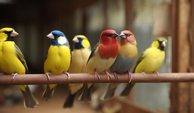 Um grupo de tentilhões coloridos chirriando felizmente em seu aviário