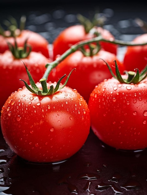 um grupo de tomates com gotas de água sobre eles.