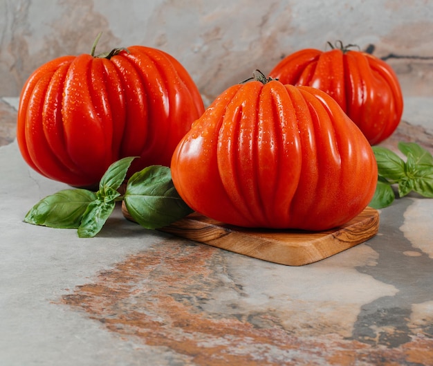 Um grupo de tomates grandes Costoluto com manjericão em um espaço de fundo marrom para texto