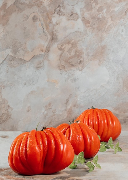 Um grupo de tomates grandes Costoluto com orégano em um espaço de fundo marrom para texto