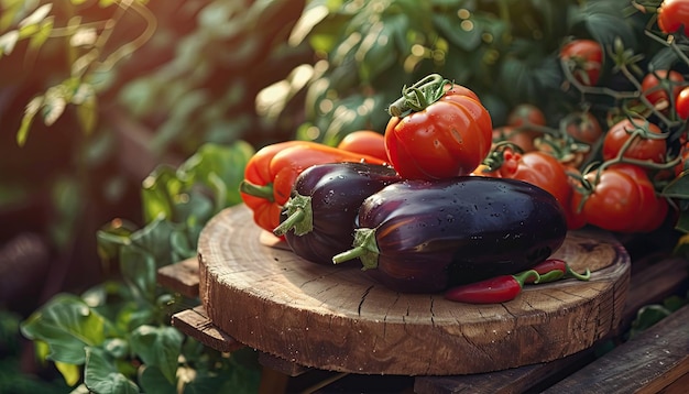 Foto um grupo de tomates numa mesa de madeira