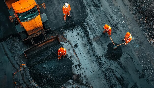 Foto um grupo de trabalhadores da construção está trabalhando em uma estrada