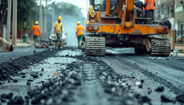 Foto um grupo de trabalhadores da construção está trabalhando em uma estrada