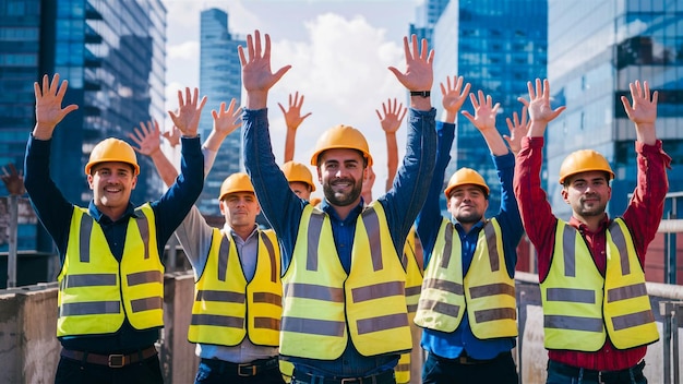 um grupo de trabalhadores da construção estão de pé em um grupo com os braços levantados