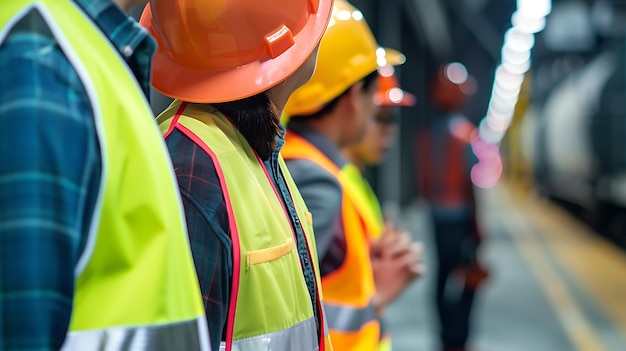 Um grupo de trabalhadores da construção usando capacetes e coletes de segurança está de pé em uma fila