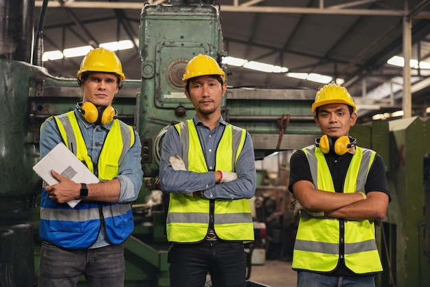 Um grupo de trabalhadores da indústria e engenheiros de várias raças gostam de trabalhar em uma fábrica pesada e ficam juntos com um sorriso agradável. retrato