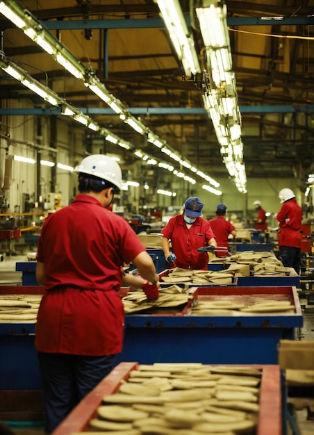 um grupo de trabalhadores em uma fábrica com um uniforme vermelho em