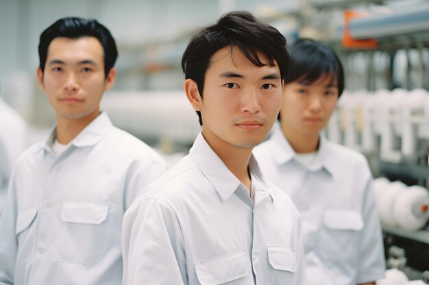 Foto um grupo de trabalhadores masculinos numa fábrica têxtil