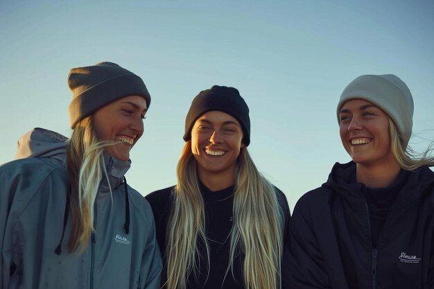 Foto um grupo de três mulheres de pé uma ao lado da outra