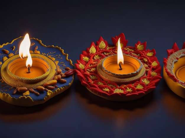 Um grupo de três velas acesas com a palavra diwali nelas.