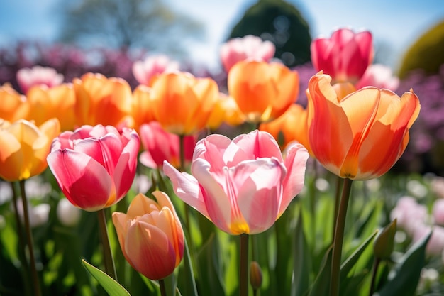 um grupo de tulipas em um campo