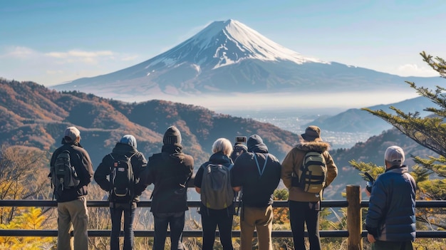 Foto um grupo de turistas admirando a vista deslumbrante do monte fuji de um ponto de vista cênico maravilhando-se com o fascínio atemporal da montanha39