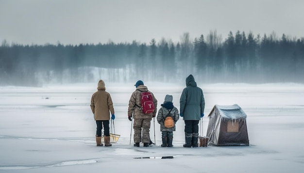 Um grupo de turistas caminhando na paisagem montanhosa nevada gerada por IA