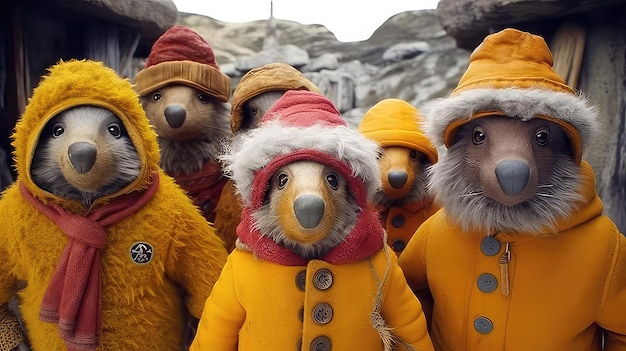 Um grupo de ursos em casacos amarelos com o número 2 na frente.