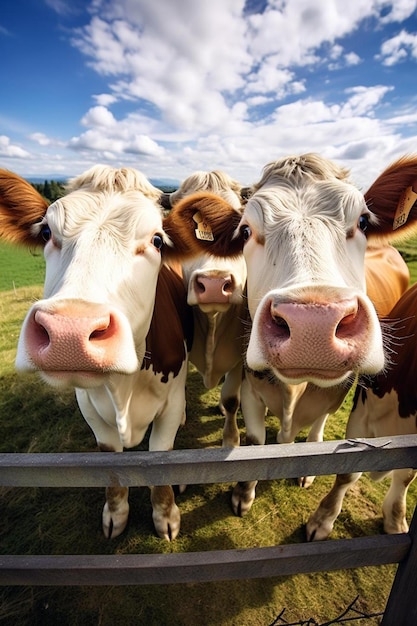 Foto um grupo de vacas ao lado de uma cerca de madeira