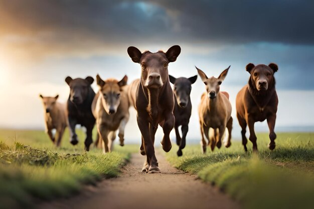 Foto um grupo de vacas está andando por uma estrada de terra