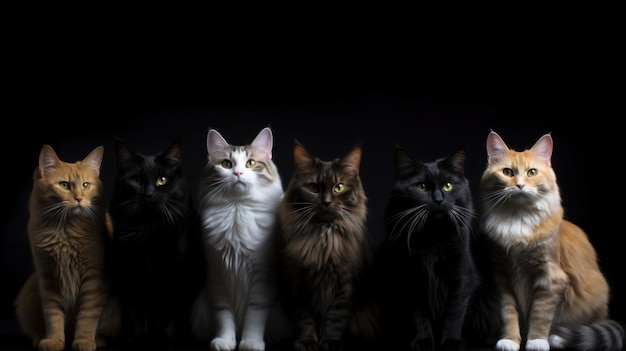 Um grupo de vários gatos fofos senta-se em uma linha de fundo preto isolado AI gerado