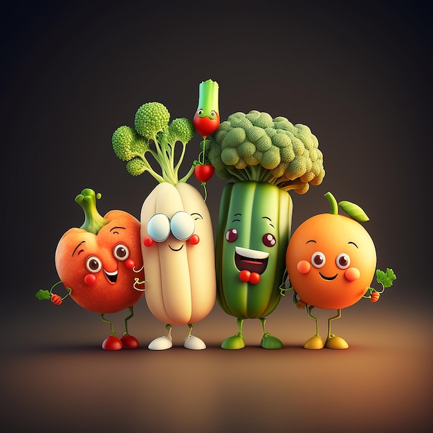 Um grupo de vegetais com rostos e rostos que dizem brócolis