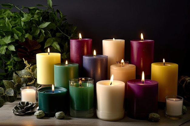 Um grupo de velas em várias cores e tamanhos com um toque de verde para contrastar