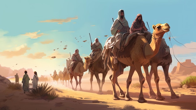 Um grupo de viajantes andando por um deserto em camelos Conceito de fantasia Ilustração pintura Generative AI