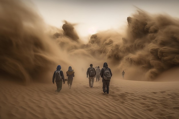 um grupo de viajantes percorrendo as dunas de areia