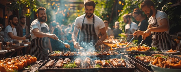 Um grupo de vizinhos faz um churrasco na rua