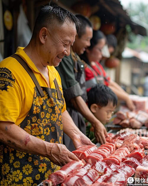 Foto um grupo de voluntários distribuindo carne