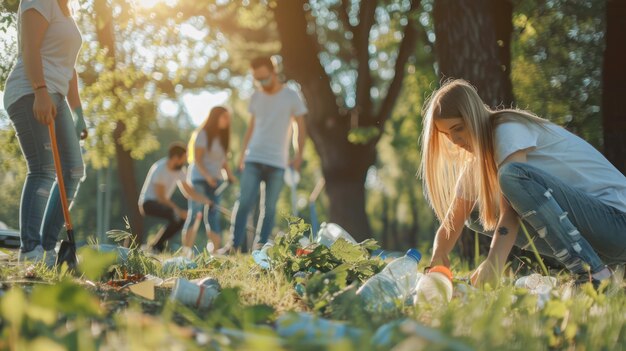 Um grupo de voluntários limpando o lixo em um parque