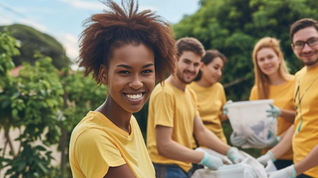 Um grupo de voluntários mantém a comunidade limpa, usam camisetas amarelas e sorriem para a câmara.