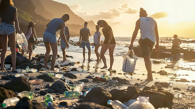 Um grupo de voluntários mantém a praia limpa. Eles recolhem garrafas de plástico e outros lixo da areia e da água.