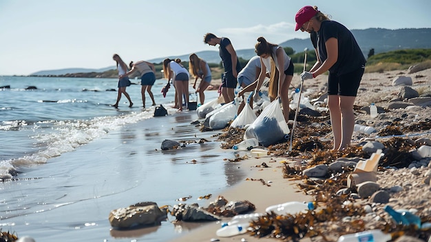 Um grupo de voluntários mantém a praia limpa. Eles recolhem o lixo da areia e da água para preservar o meio ambiente.