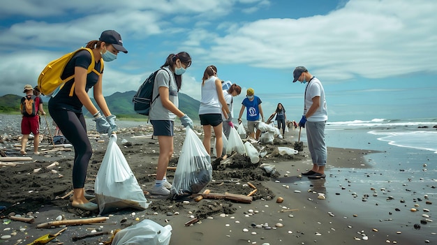 Um grupo de voluntários mantém a praia limpa. Eles usam luvas e máscaras e tiram o lixo da areia.