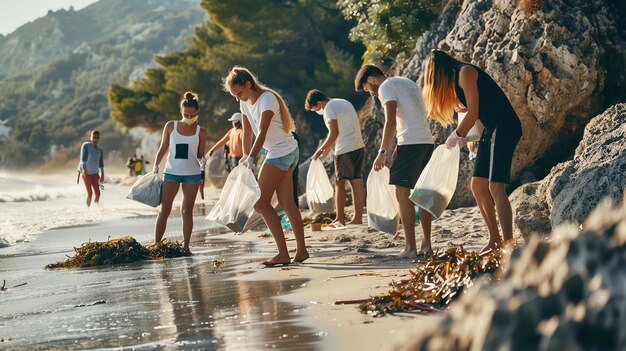 Um grupo de voluntários mantém a praia limpa, usam luvas e sacos de lixo, a praia está cheia de algas, o sol está a brilhar.