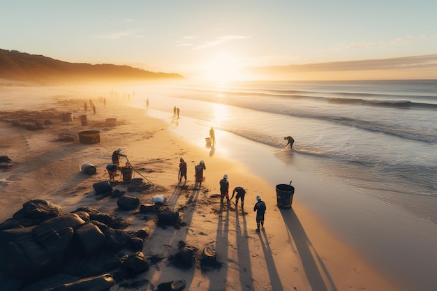 Um grupo de voluntários trabalha incansavelmente limpando a praia de lixo generativo ai