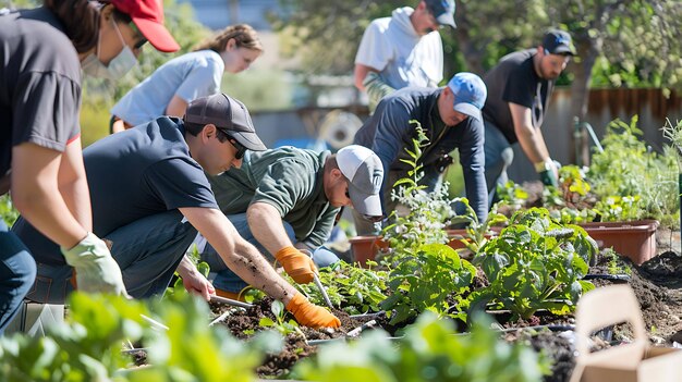 Um grupo de voluntários trabalha juntos num jardim comunitário. Estão a plantar ervas daninhas e a regar as plantas.