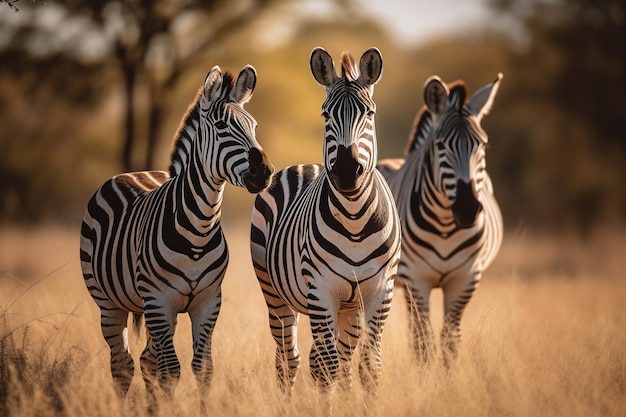 Um grupo de zebras está parado em um campo com árvores ao fundo.