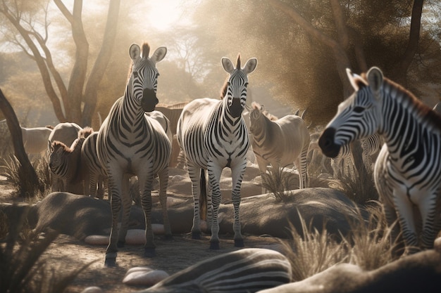 Um grupo de zebras está parado em uma floresta com uma árvore ao fundo.