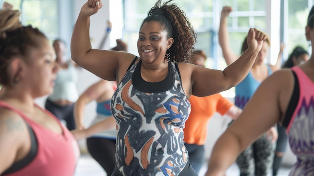 Um grupo dinâmico de mulheres gordas empenhadas energicamente em uma aula de dança de fitness seus movimentos cheios de vitalidade e alegria refletindo o poder libertador da dança e a celebração de diversos tipos de corpo