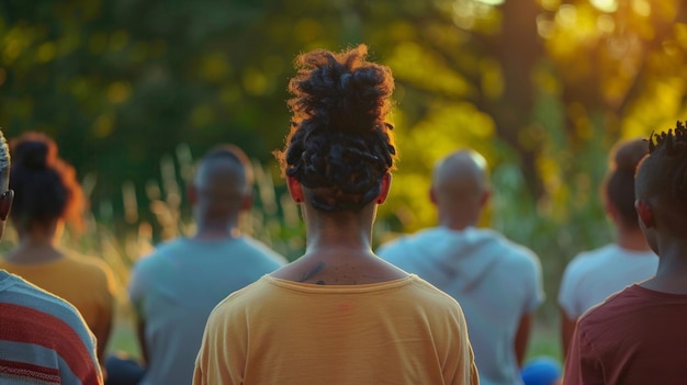 Um grupo diversificado de adoradores se reúne em um ambiente sereno ao ar livre, de costas voltadas para a câmera em que estão