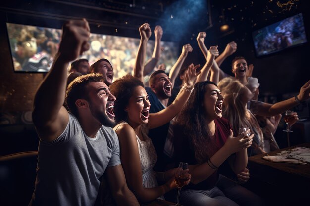 Foto um grupo diversificado de amigos animando enquanto assistem a esportes