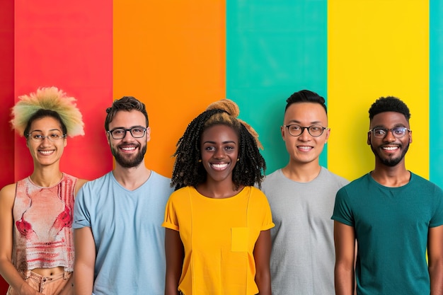 Foto um grupo diversificado de amigos sorridente contra um fundo colorido