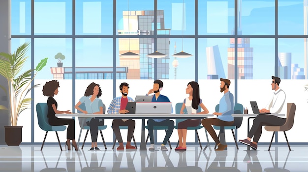 Um grupo diversificado de empresários a trabalhar juntos num escritório moderno